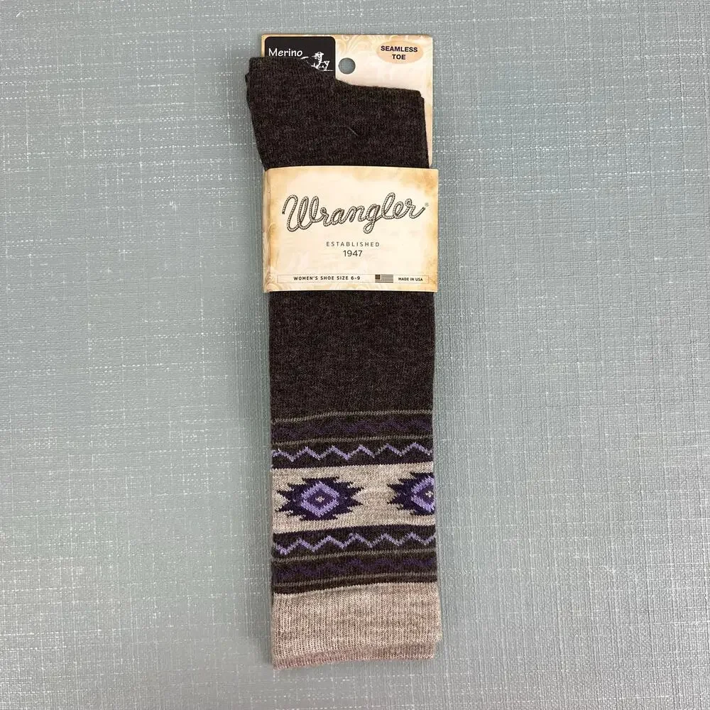 Wrangler Lightweight Merino Wool Blend Aztec Knee High Boot Socks Cocoa NWT